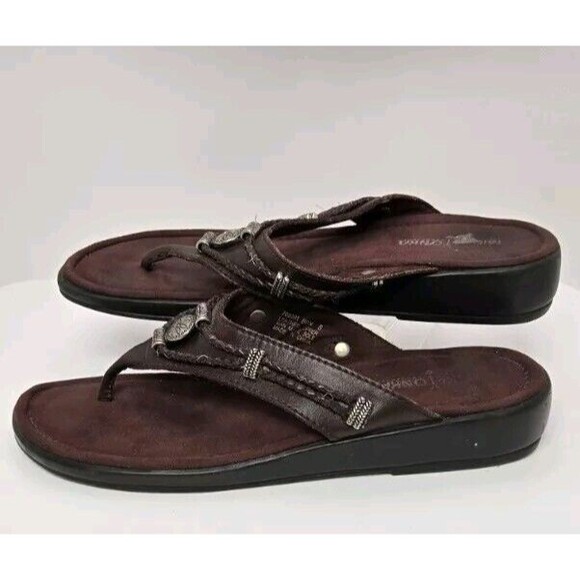 MinneTonka Silverthorne Brown Leather Sandals Flip Flops Thongs Women Size 8 - Picture 7 of 14